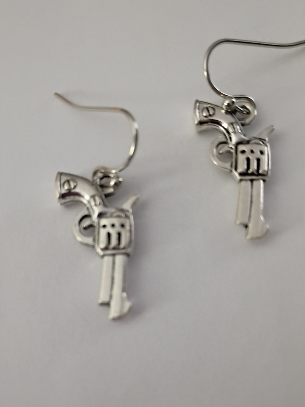 Silver Revolver Charm Dangle Earrings - Western Gun Design
